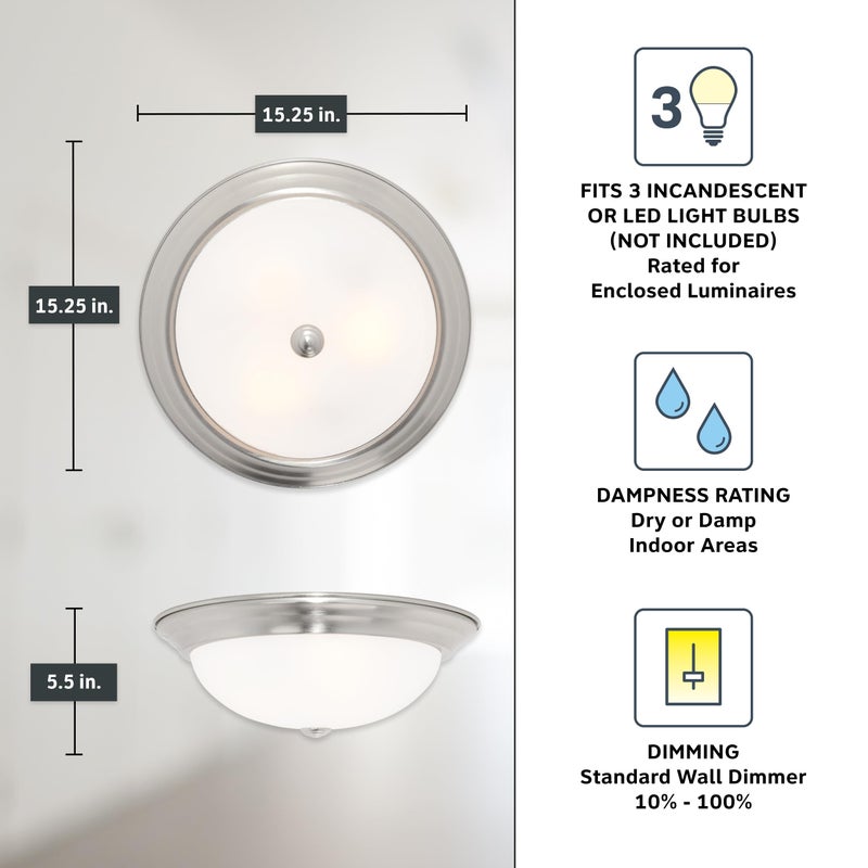 DESIGNERS FOUNTAIN Reedley 3-Lights Flush Mount Ceiling Light, 15 Inch Lighting Fixture for Kitchen, Bedroom, Bathroom, and Hallway, Satin Platinum with Etched Glass, 1257L-SP-W - Image 4